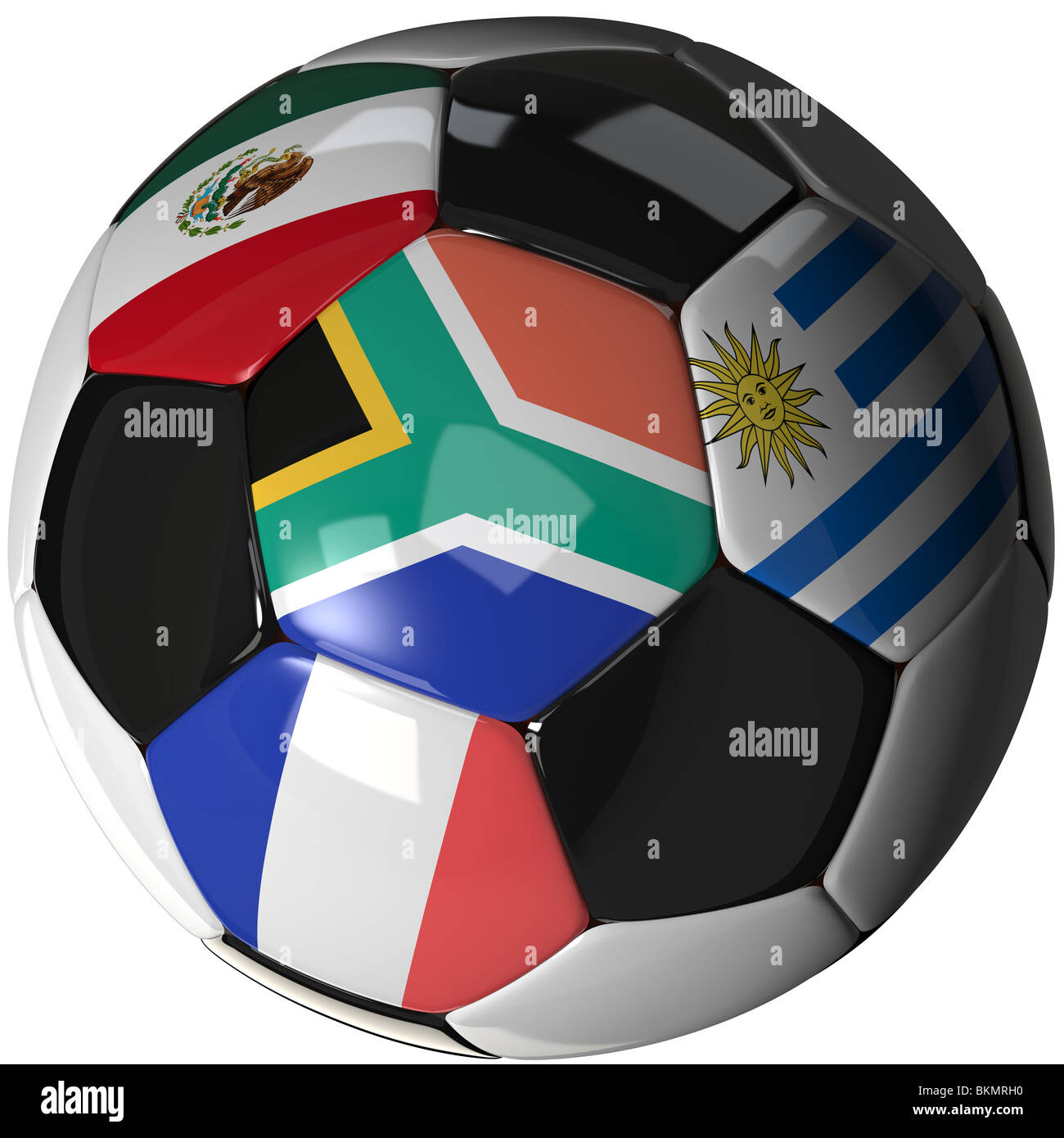 Alta qualità, hi-res 3D render di pallone da calcio con le quattro bandiere delle squadre in gara nel gruppo A 2010 della Coppa del Mondo Foto Stock