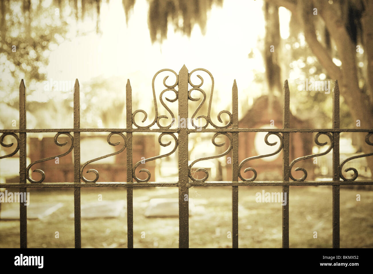 Recinzione in ferro presso il parco coloniale nel cimitero del Quartiere Storico di Savannah, Georgia, Stati Uniti d'America Foto Stock