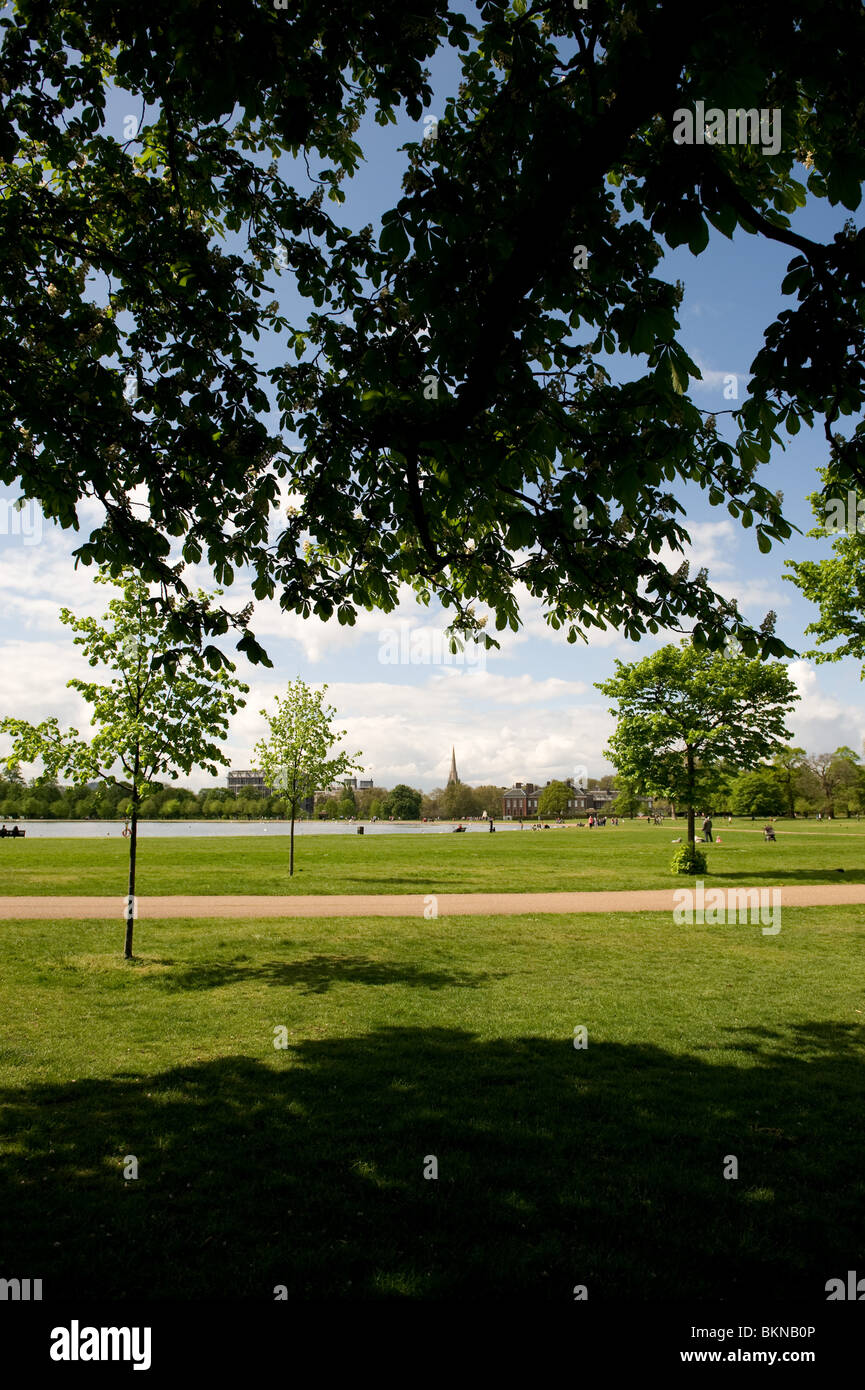 Un ampio angolo di visione del round di stagno e Kensington Palace sen dall'ombra di un albero, Maggio 2010 Foto Stock