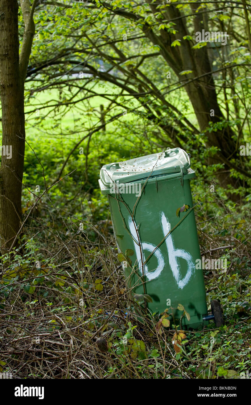 Scartato in plastica verde bidone con ruote un occhio mal in campagna Foto Stock Scartato in plastica verde bidone con ruote un occhio mal in campagna Foto Stock