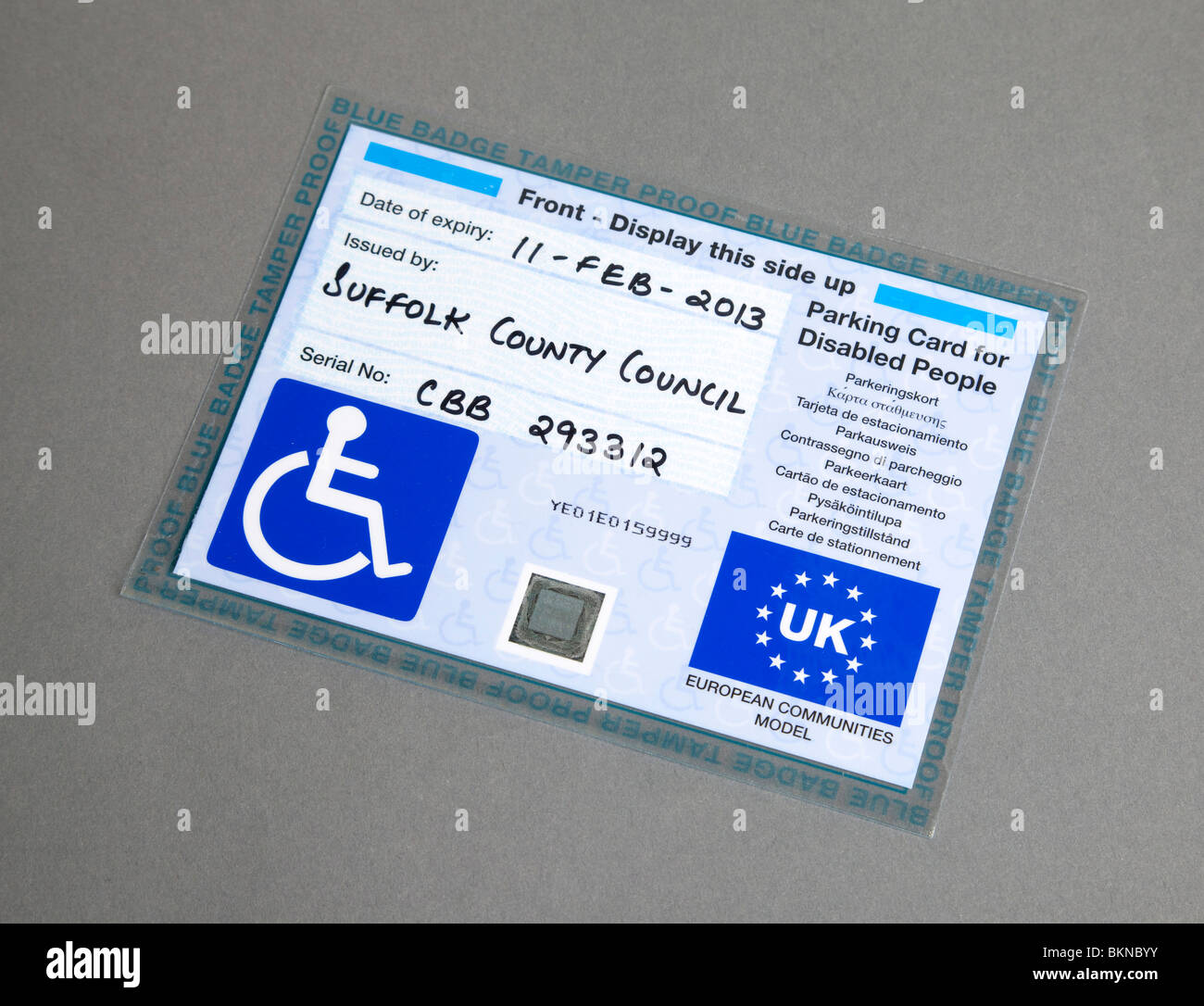 Parcheggio disabili il badge utilizzato nel Regno Unito Foto Stock