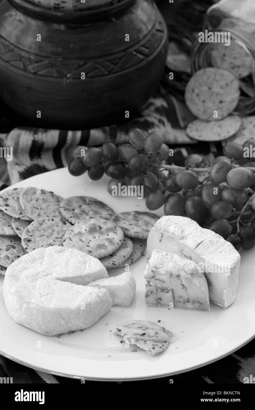 Formaggio e cracker in B&W. Foto Stock