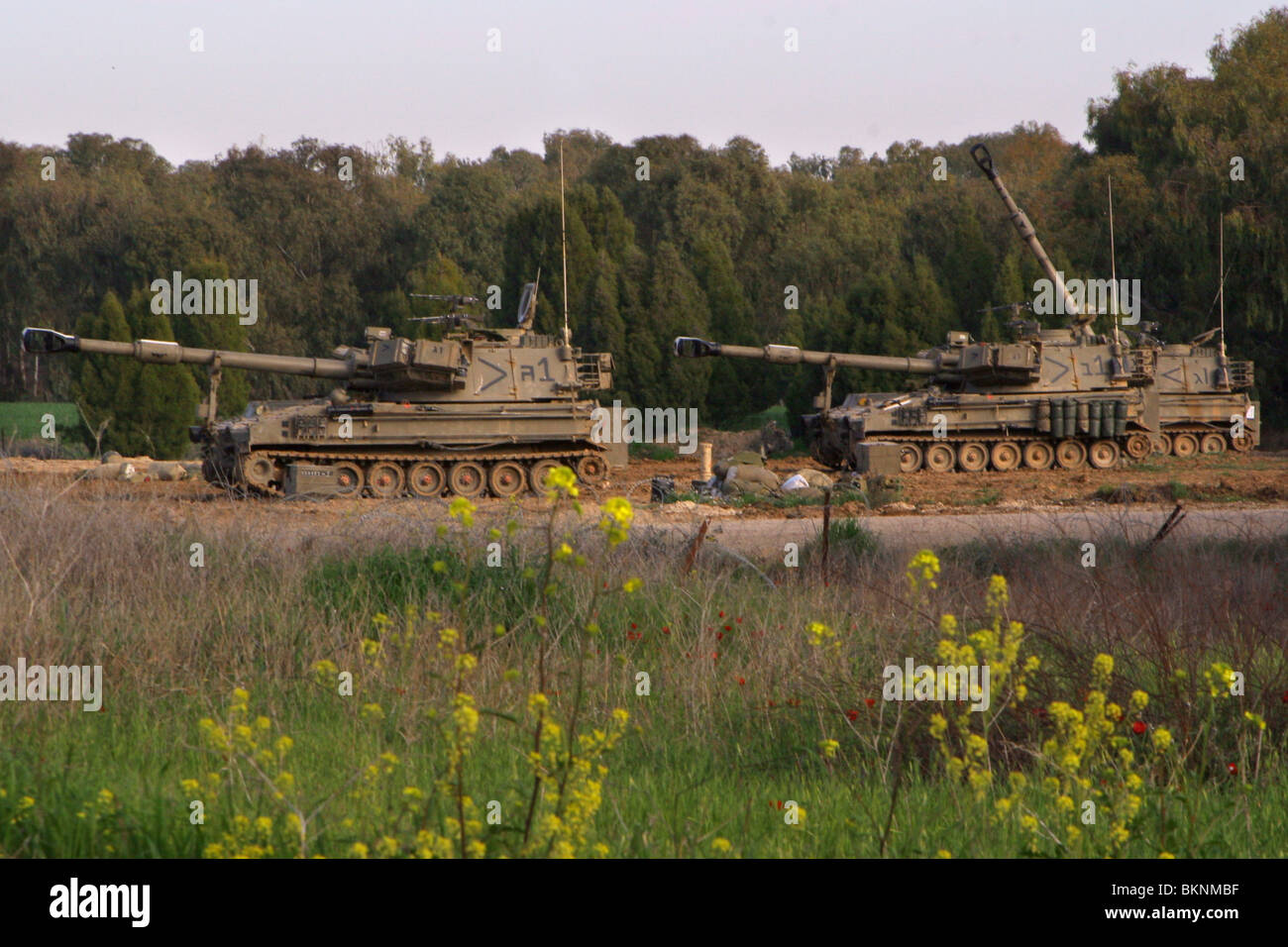 Israele, frontiera Gaza, serbatoi di IDF parcheggiata in un campo base vicino alla Gaza-Israeli confine orientale. Il Feb 28, 2008. Foto Stock