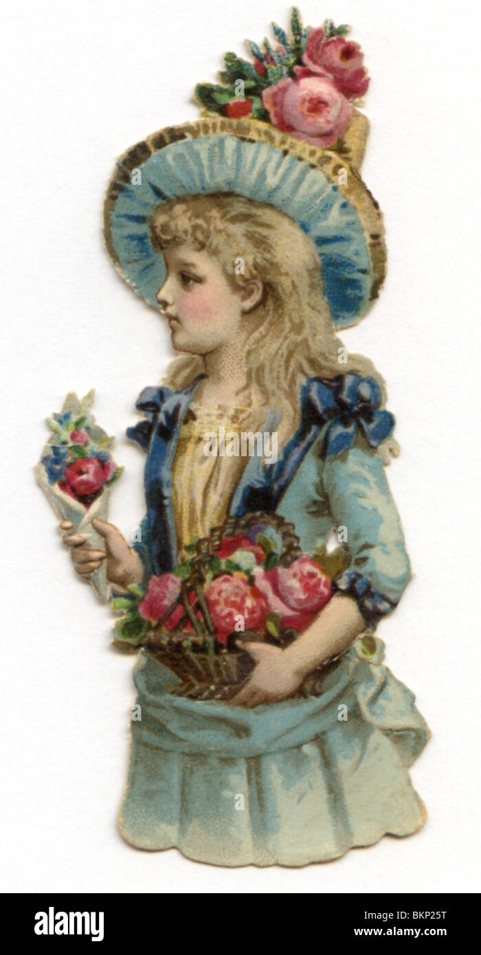 Signora nel cappello decorativo, portante un cesto di rose Foto Stock