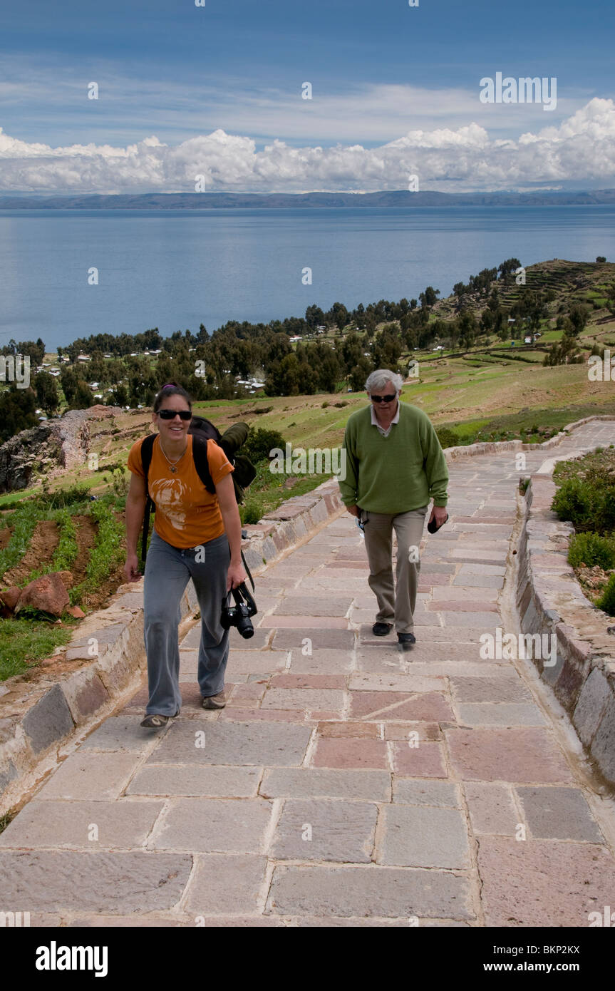Isola Amantani (Isla Amantani), il lago Titicaca, Perù Foto Stock