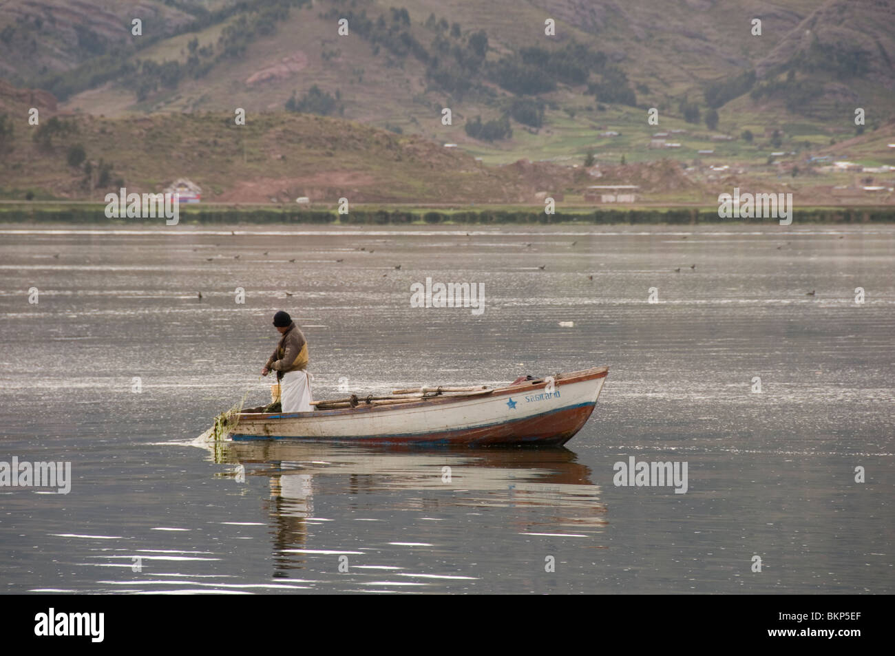 Pescatore sul lago Titicaca, Perù Foto Stock