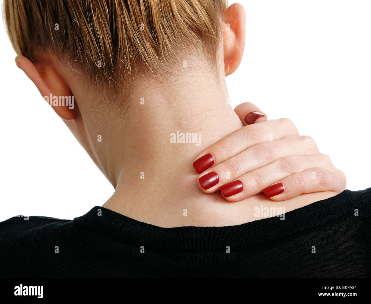 Donna con dolore al collo Foto Stock