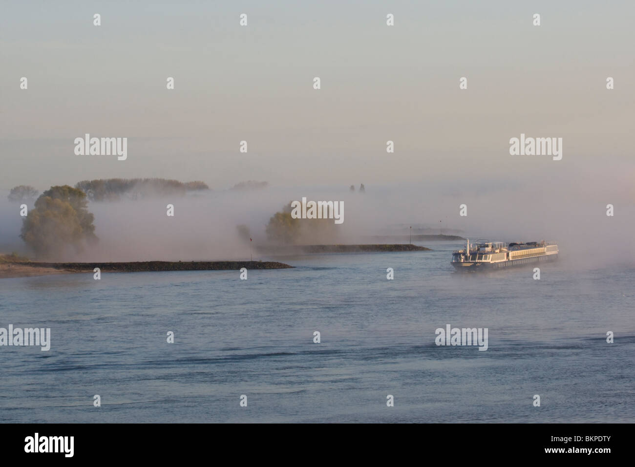 Sfeervolle mistige vroege morgen aan de Waal bij Nijmegen incontrato rijnaak en kribben in de rivier Scenic presto affinché mattina presso il Waal con nebbia, una barca e pennelli Foto Stock