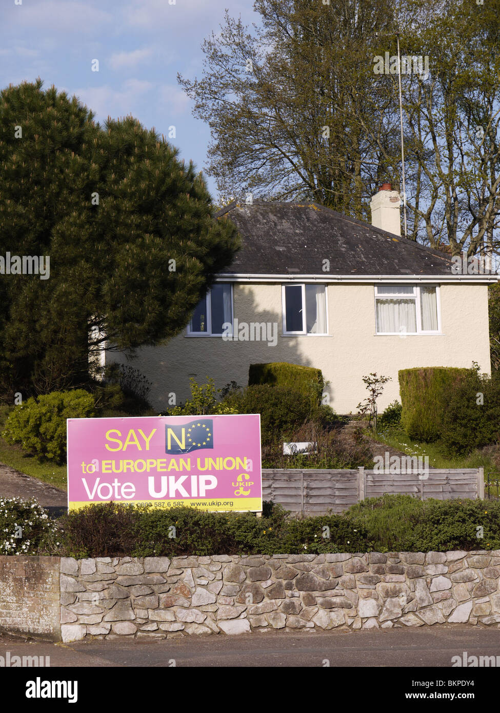 Dire no alla Unione europea Votazione UKIP 2010 elezioni generali anti Europa billboard in giardino di piccoli bungalow in Exeter Devon Regno Unito Foto Stock