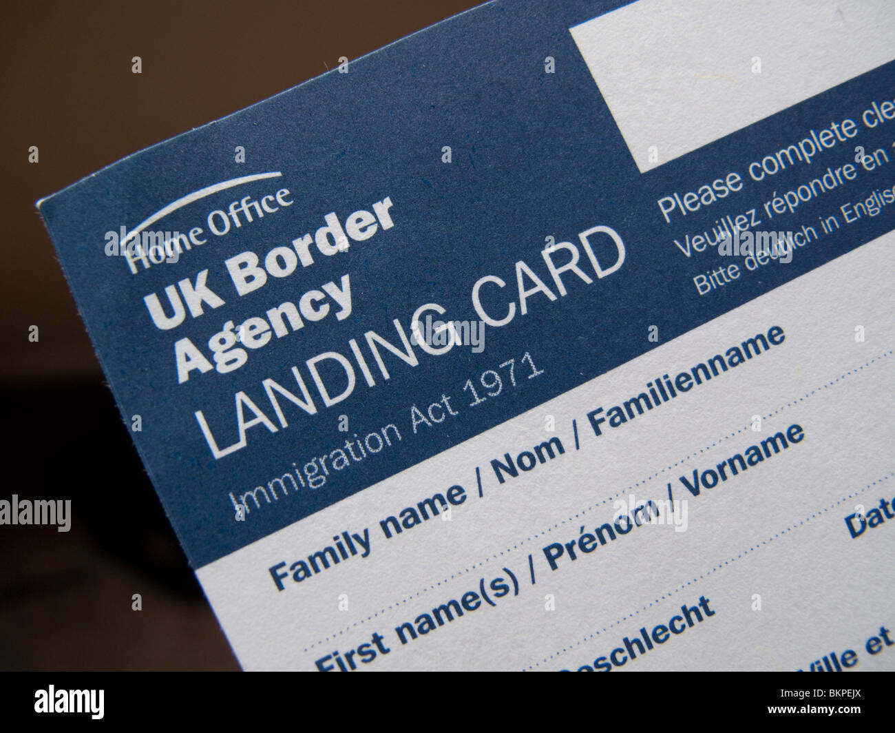 UK Border Agency carta di sbarco Foto Stock