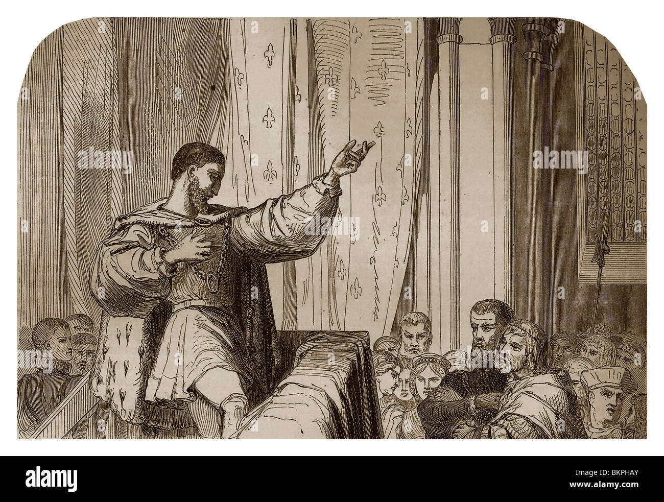 Il 21 gennaio 1535, a Parigi, nel palazzo del vescovo, Francesco I di Francia, predicando la persecuzione dei protestanti. Foto Stock