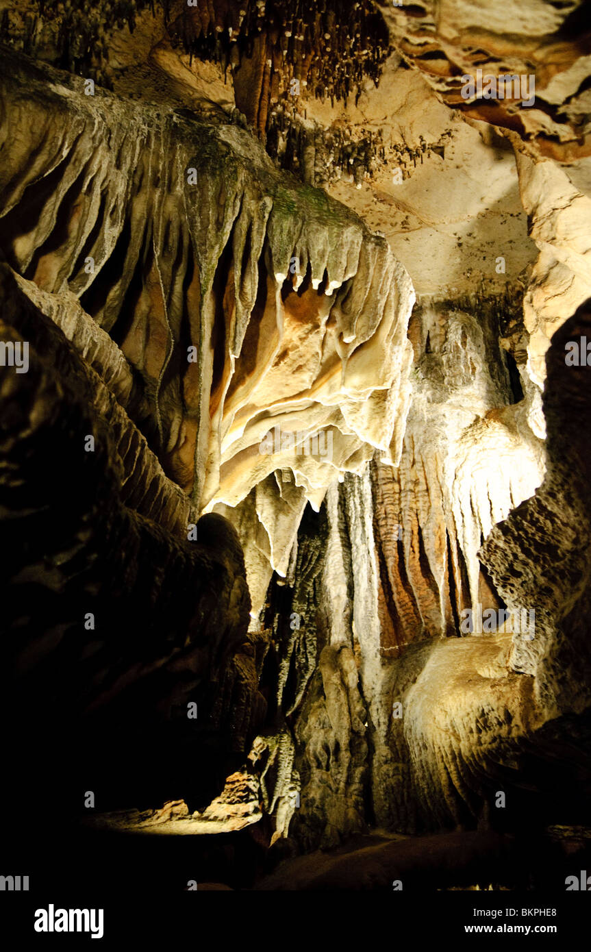 Ruby Falls formazioni calcaree Chattanooga Tennessee // CHATTANOOGA, Tennessee — formazioni calcaree a Ruby Falls, una famosa attrazione turistica sotterranea nelle grotte calcaree di Lookout Mountain a Chattanooga, Tennessee. Queste intricate caratteristiche geologiche sono illuminate, mostrando la bellezza naturale e le texture uniche della grotta. Foto Stock