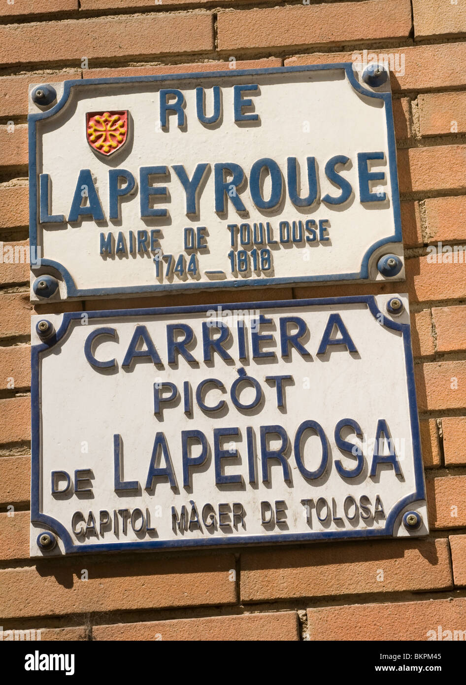 Tipico francese Street Name segni su edifici in Toulouse Haute Garonne Midi-Pirenei Francia Foto Stock