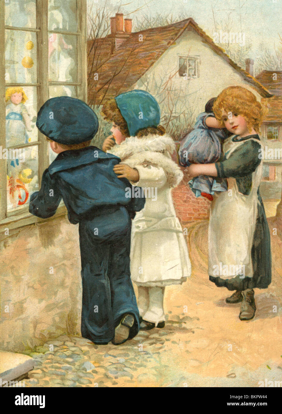 Bambini cercando nel giocattolo negozio finestra Foto Stock