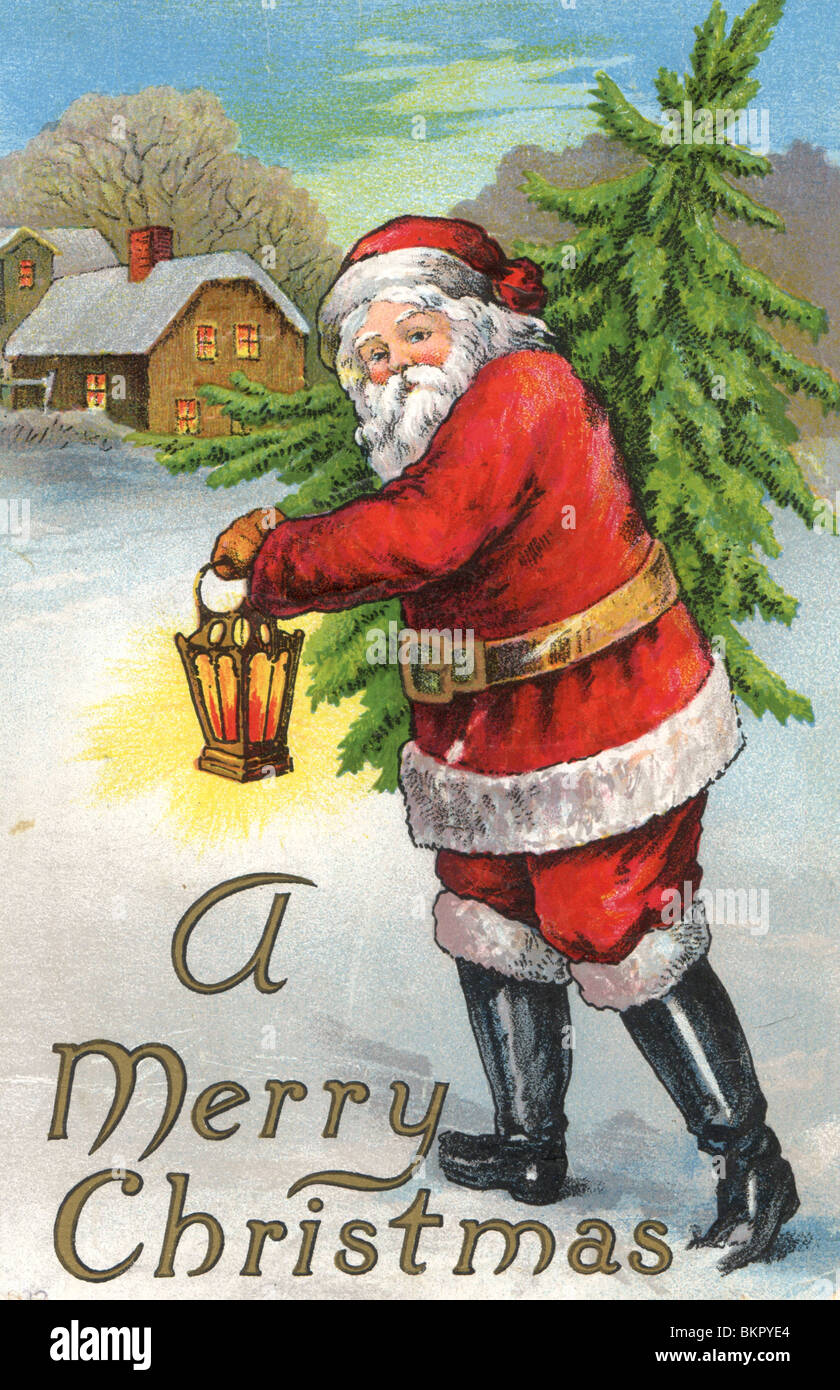 Babbo Natale che porta l'albero di Natale Foto Stock