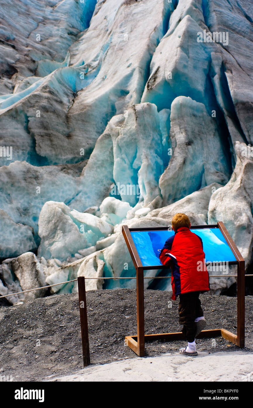 Un ragazzo giovane legge un cartello informativo all'uscita ghiacciaio nel Parco nazionale di Kenai Fjords vicino a Seward, Alaska. Foto Stock