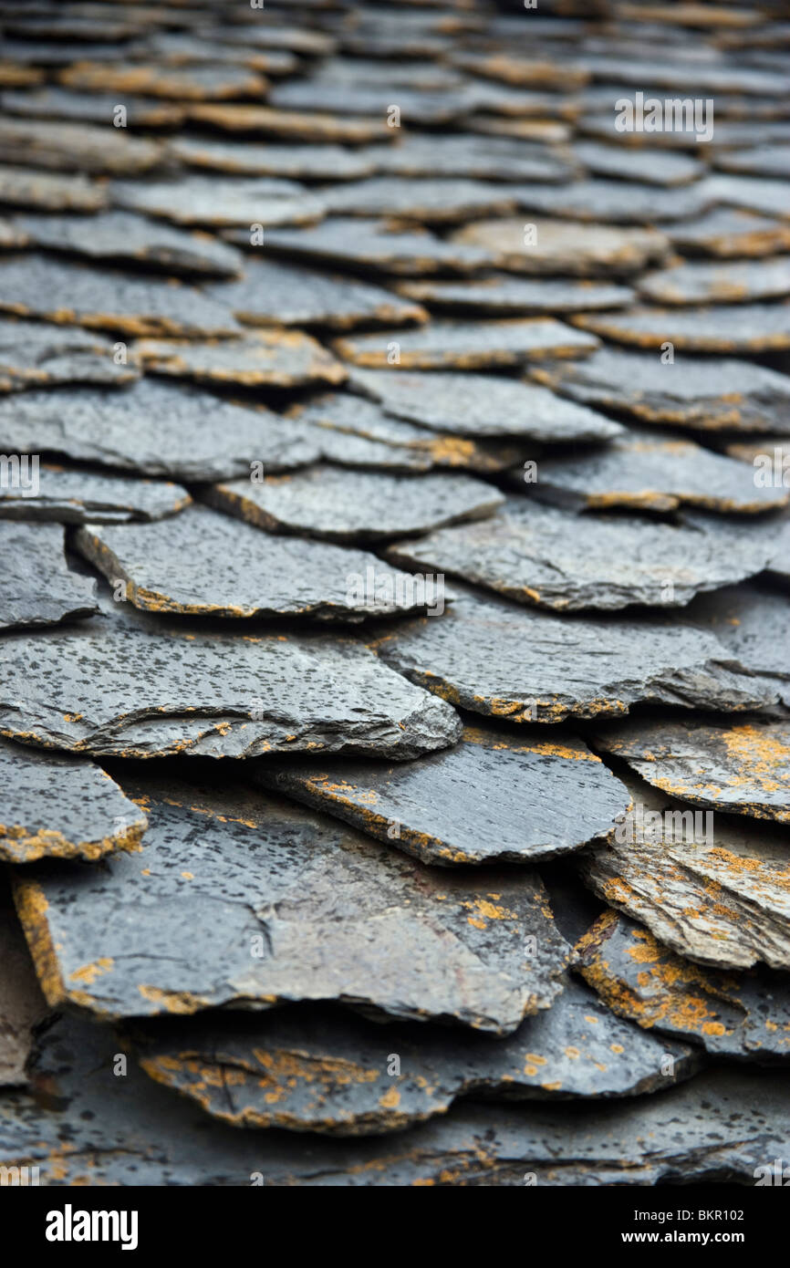 Dettaglio di un vecchio tetto nella zona Vall de Boi, sito UNESCO, Catalogna, Spagna Foto Stock