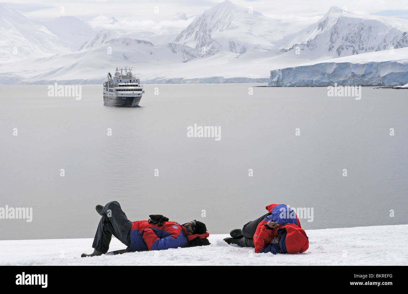 I turisti che giace sul lungomare nel punto Damoy, isola Wiencke, Palmer arcipelago, Antartide Foto Stock