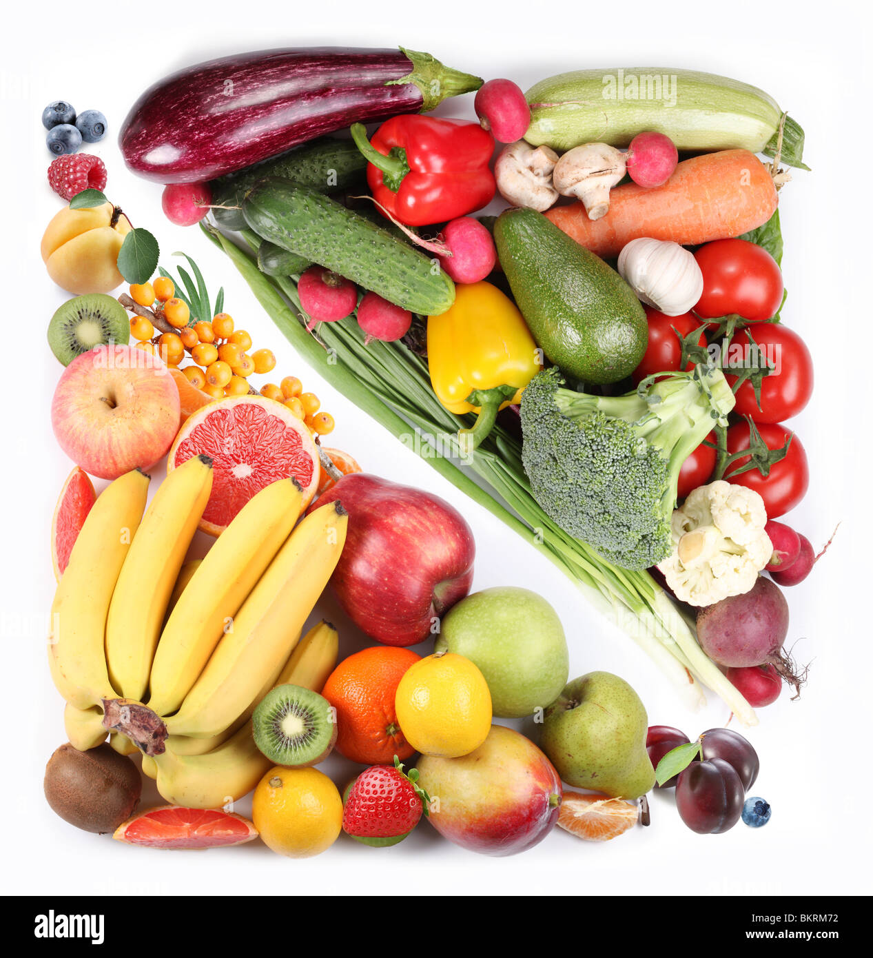 Frutta e verdura in un quadrato su sfondo bianco Foto Stock