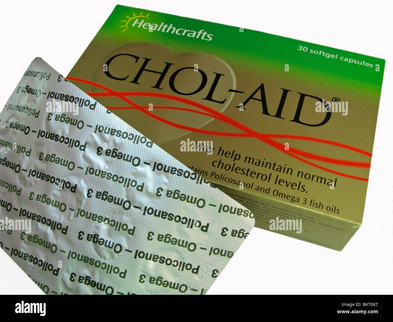 Chol - capsule di aiuto un rimedio naturale per aiutare a mantenere i livelli di colesterolo contenente policosanol & omega di oli di pesce Foto Stock