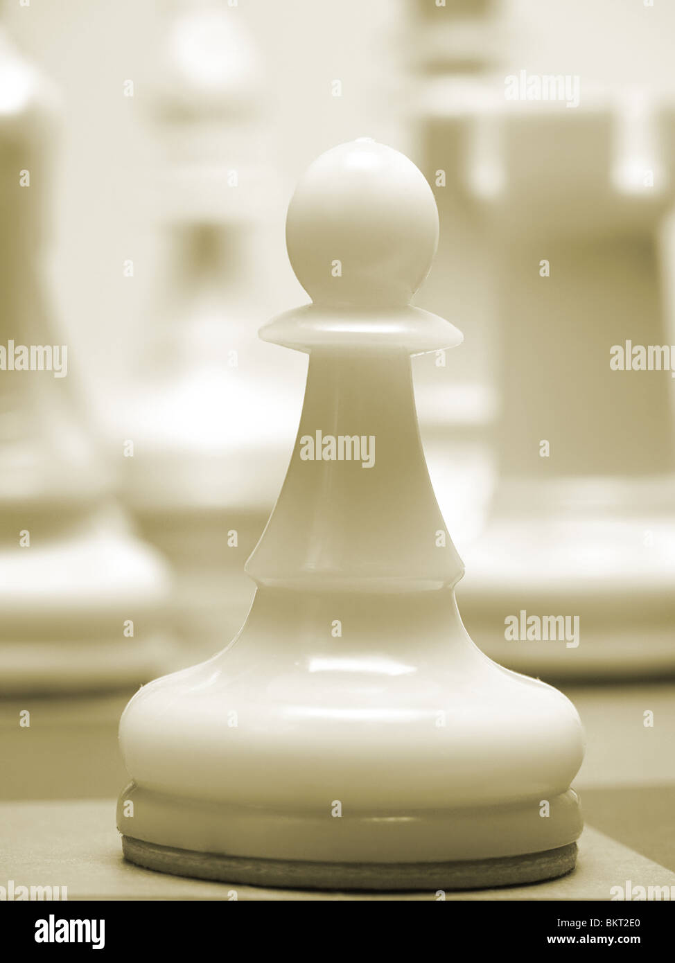 Closeup colpo di pedone bianco con altri white scacchi in background Foto Stock