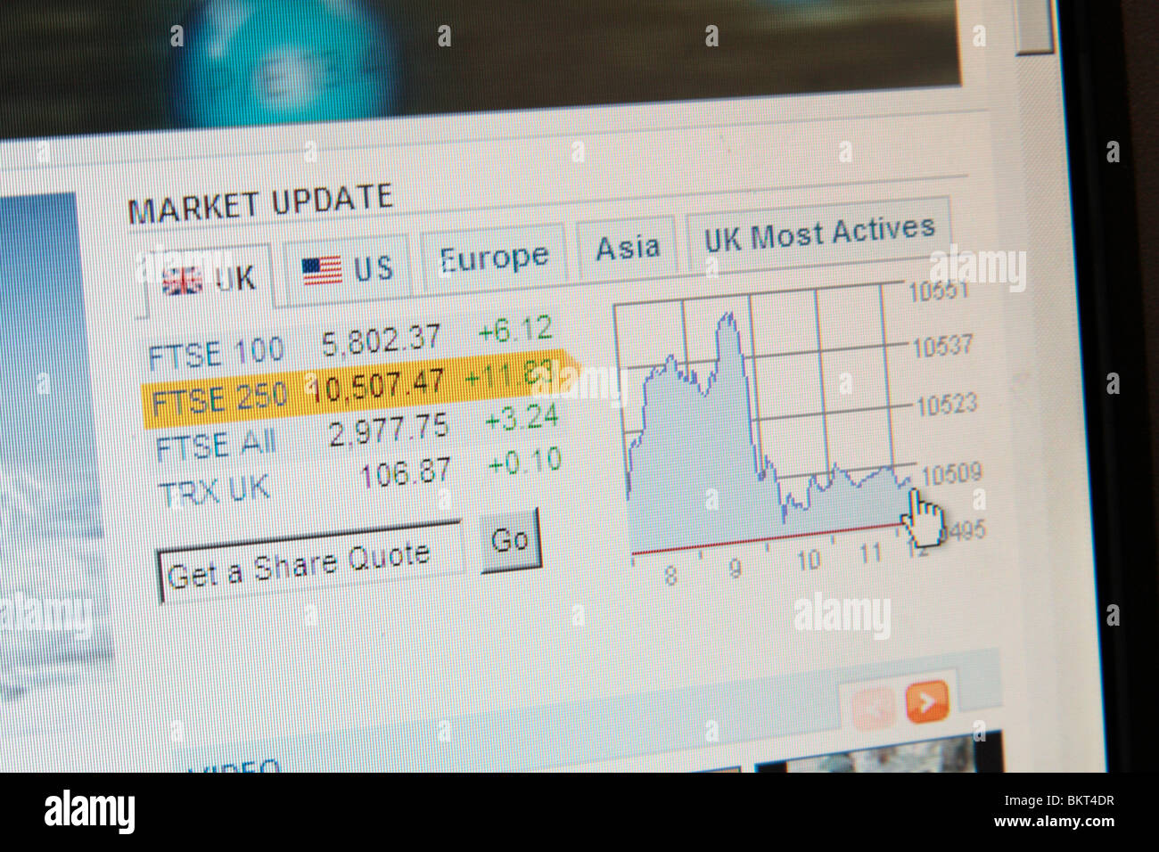 Una schermata che mostra l'aggiornamento di mercato dei principali mercati del Regno Unito sulla Reuters news web site. Aprile 2010 Foto Stock