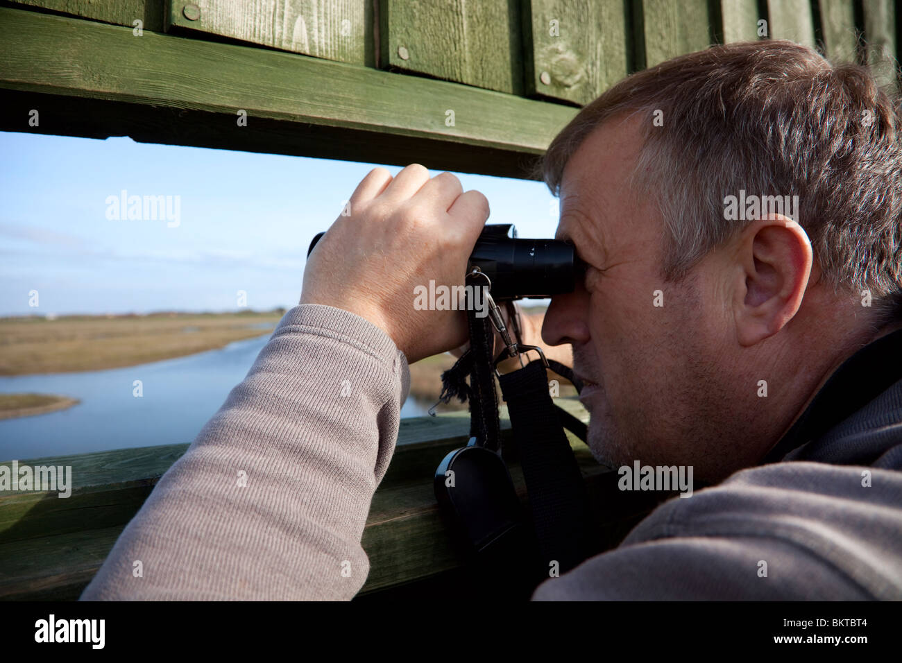 Birder a RSPB Marshside Foto Stock