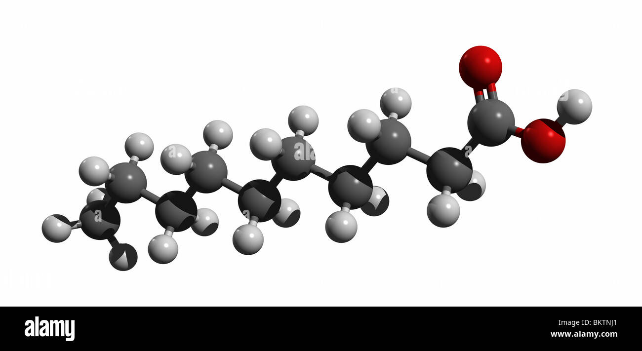 Acido caprico, acido decanoico (colorcode: nero = carbonio, bianco = idrogeno, rosso=ossigeno) Foto Stock