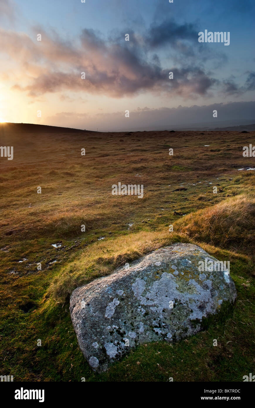 Masso di granito al tramonto su Dartmoor vicino a Tavistock Devon Foto Stock