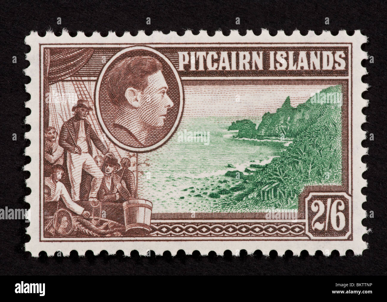 Francobollo dalle Isole Pitcairn raffiguranti Isola Pitcairn costa, George Fletcher e George VI. Foto Stock