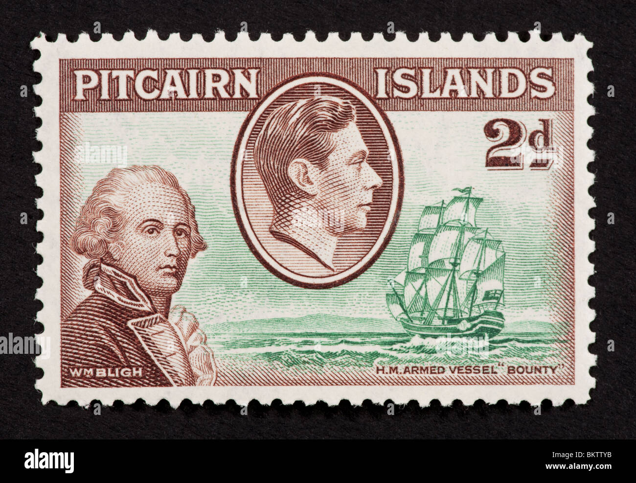 Francobollo da Isole Pitcairn raffiguranti William Bligh, l'HMS Bounty e King George VI. Foto Stock