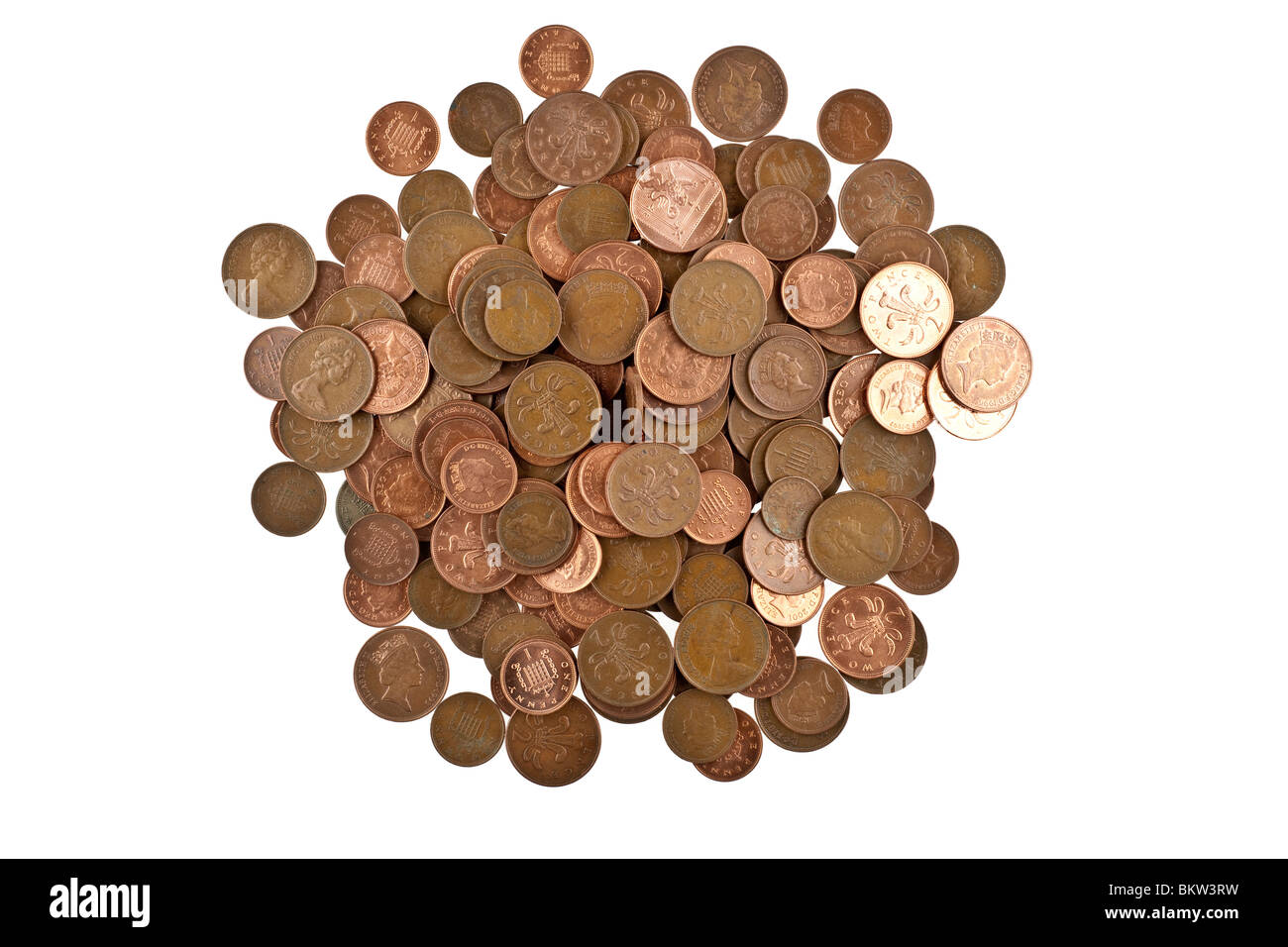 Pila di valuta britannica di monete di rame Foto Stock
