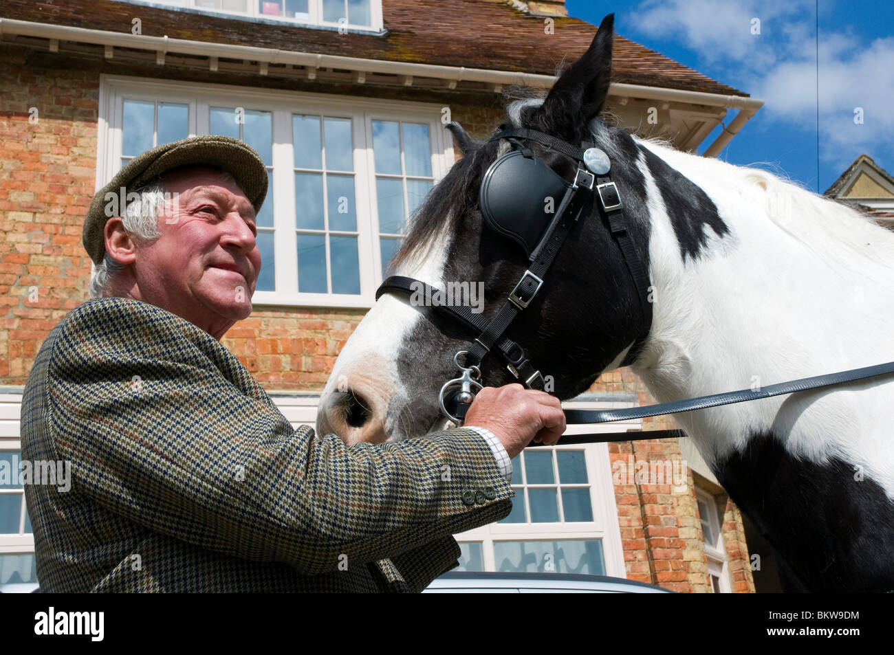 Un uomo a tenere le redini di una trappola di cavallo, Cotswolds, REGNO UNITO Foto Stock