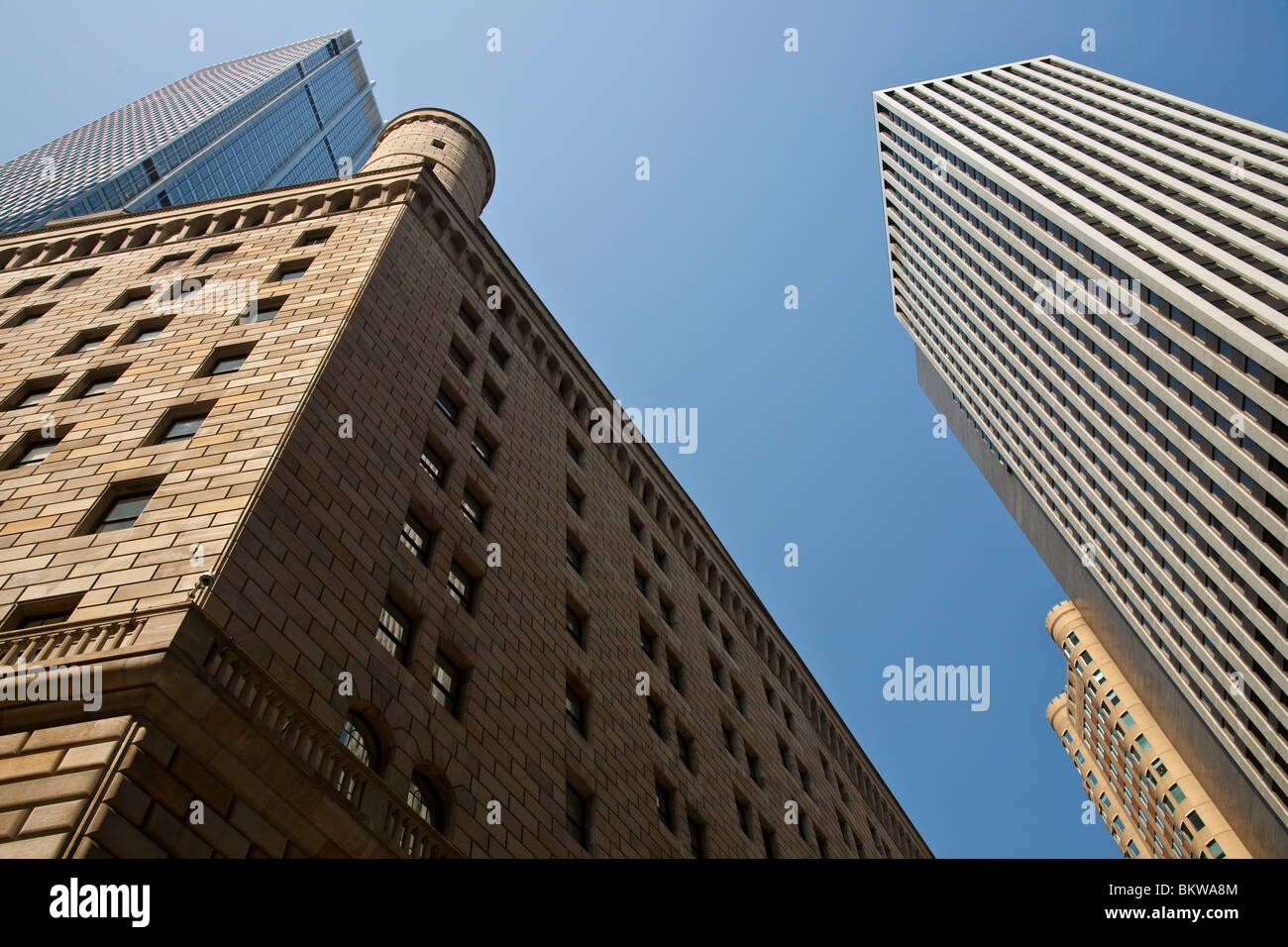 Federal Reserve Bank and Downtown Skyscrapers, NYC Foto Stock