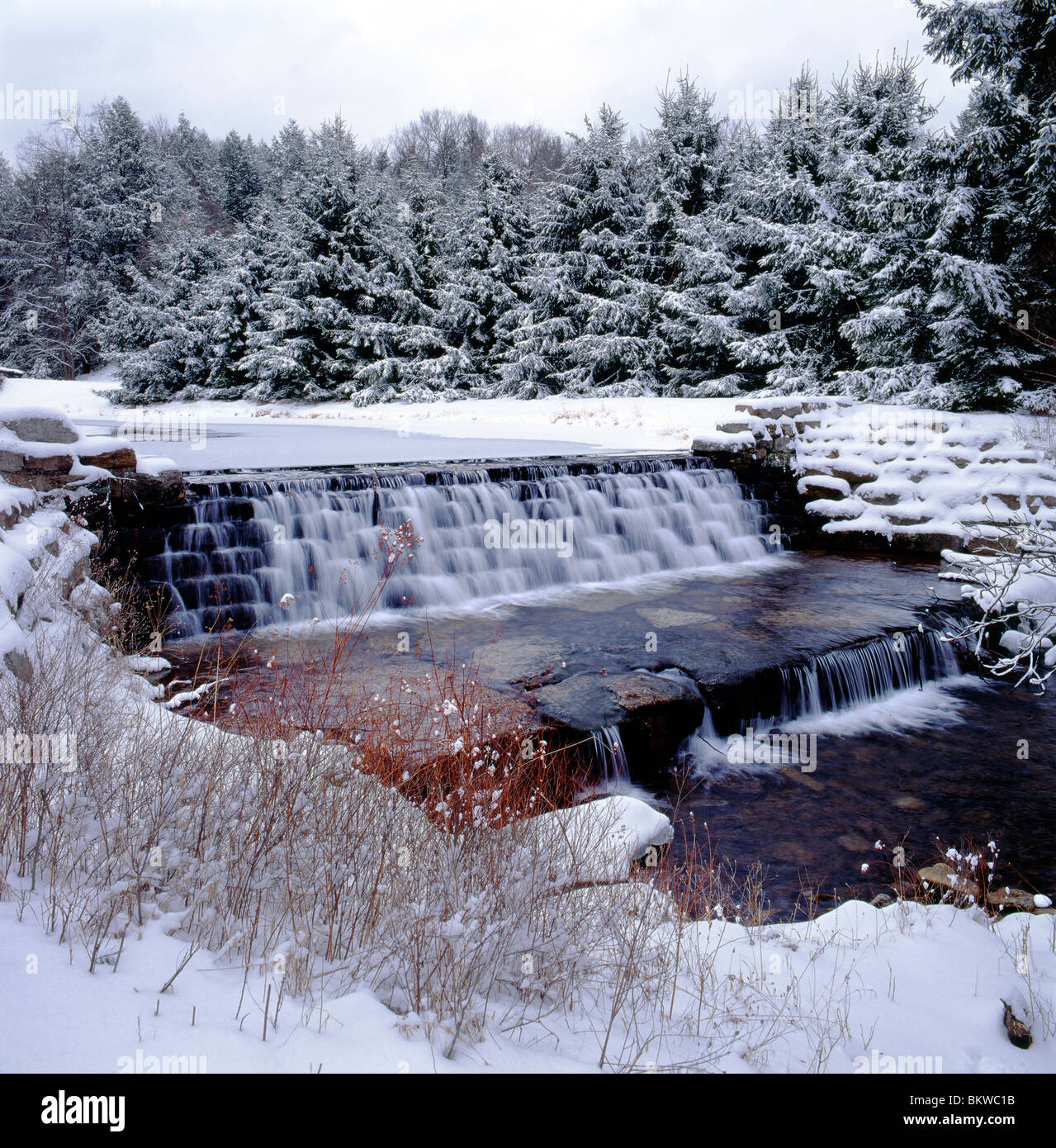 Inverno a vista della cascata, Hickory Run, Hickory Run State Park, Pennsylvania, STATI UNITI D'AMERICA Foto Stock
