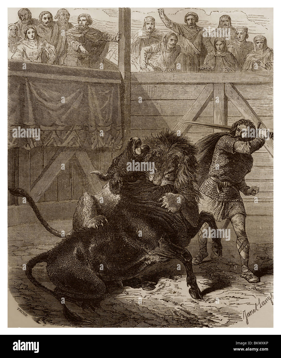 Pipino III il breve taglio la testa del leone di un singolo colpo di spada e anche la testa del toro che nessuno ha osato affrontare. Foto Stock