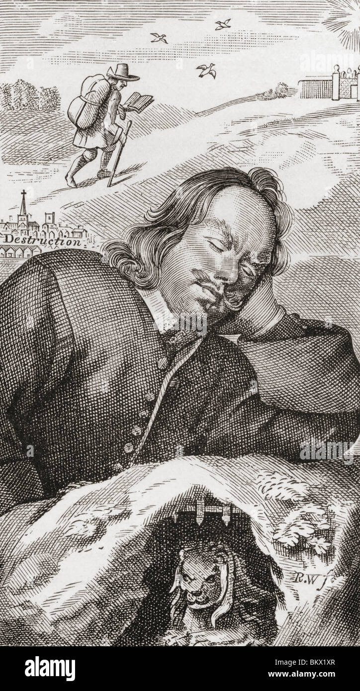 Il sogno di Bunyan. Frontespizio al progresso di Pilgrim, 1680. John Bunyan, 1628 - 1688. Scrittore e predicatore cristiano. Foto Stock