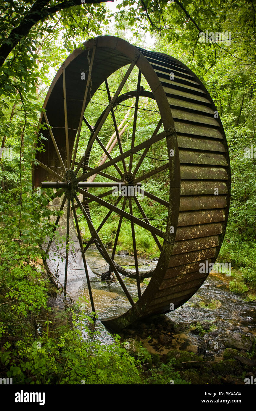 Il vecchio mulino ruota da tornitori Grist Mill 1860's lungo il punto undici River è l'Ozarks nel Missouri. Foto Stock