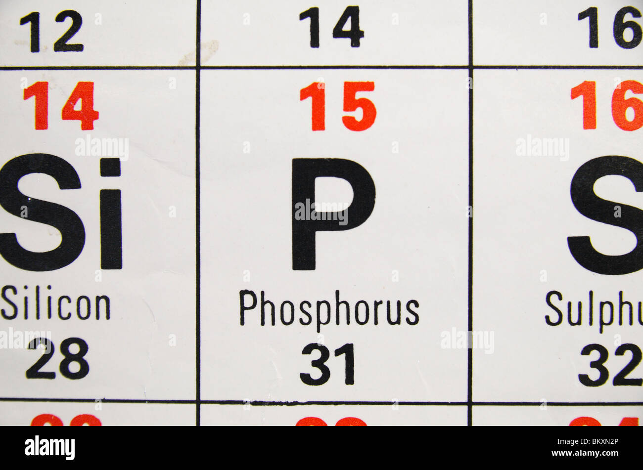 Vista ravvicinata di uno standard UK high school tavola periodica concentrandosi sulla metalloide, fosforo. Foto Stock