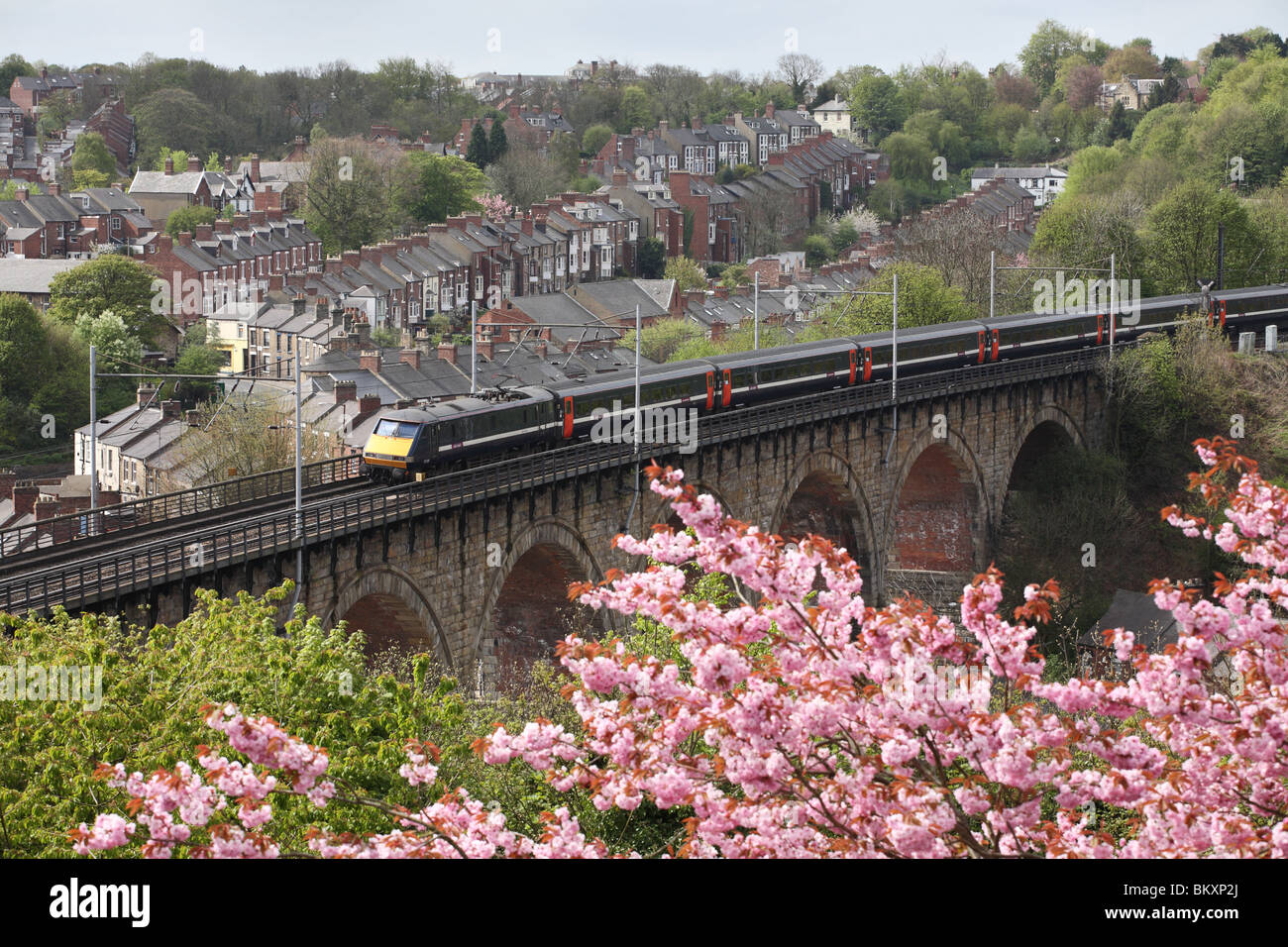 East Coast express passeggero treno elettrico che attraversa il viadotto ferroviario a Durham, England, Regno Unito Foto Stock