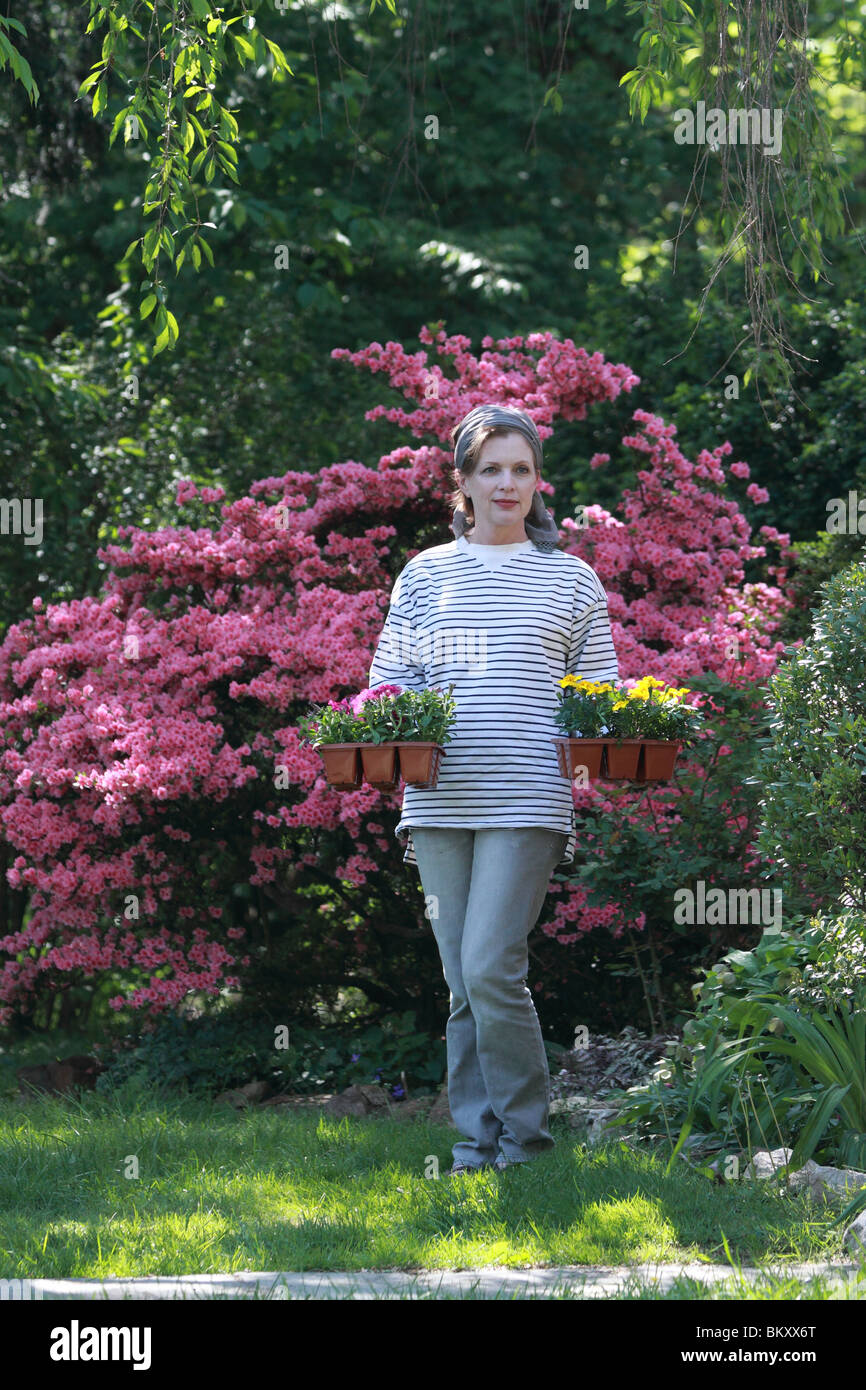 Donna matura da azalea preparando per piantare fiori Foto Stock