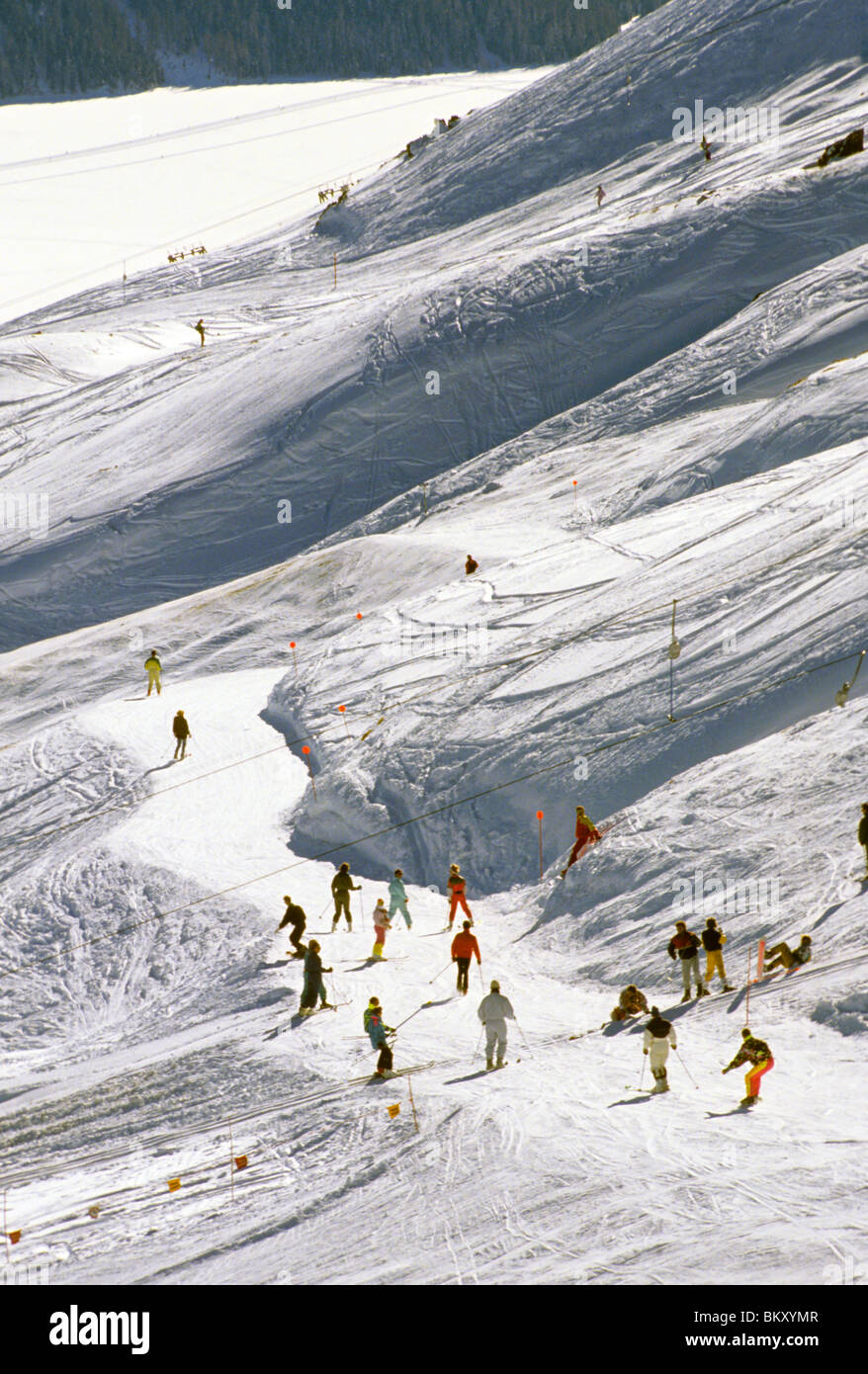 Gruppo di sciatori su un sentiero innevato Foto Stock