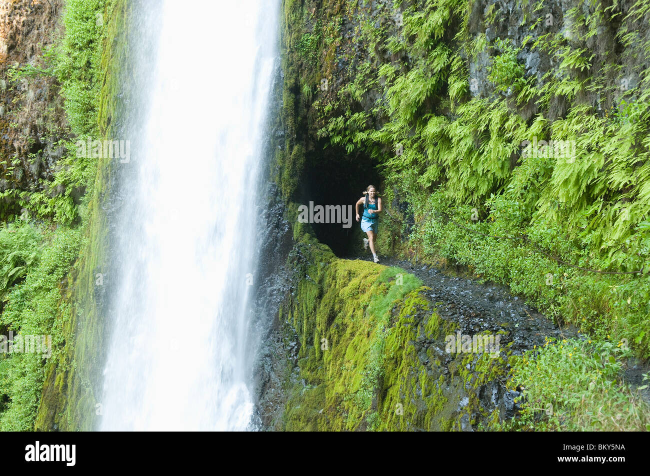 Una donna che corre lungo il sentiero eiettato in una collina dietro una cascata sulla Pacific Crest Trail, Oregon. Foto Stock