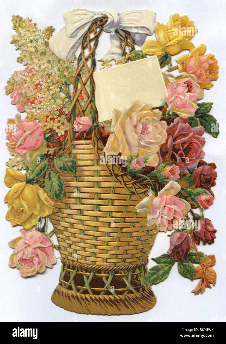 Rosa, Rosso e Giallo Rose in un cesto di vimini con prua bianco Foto Stock