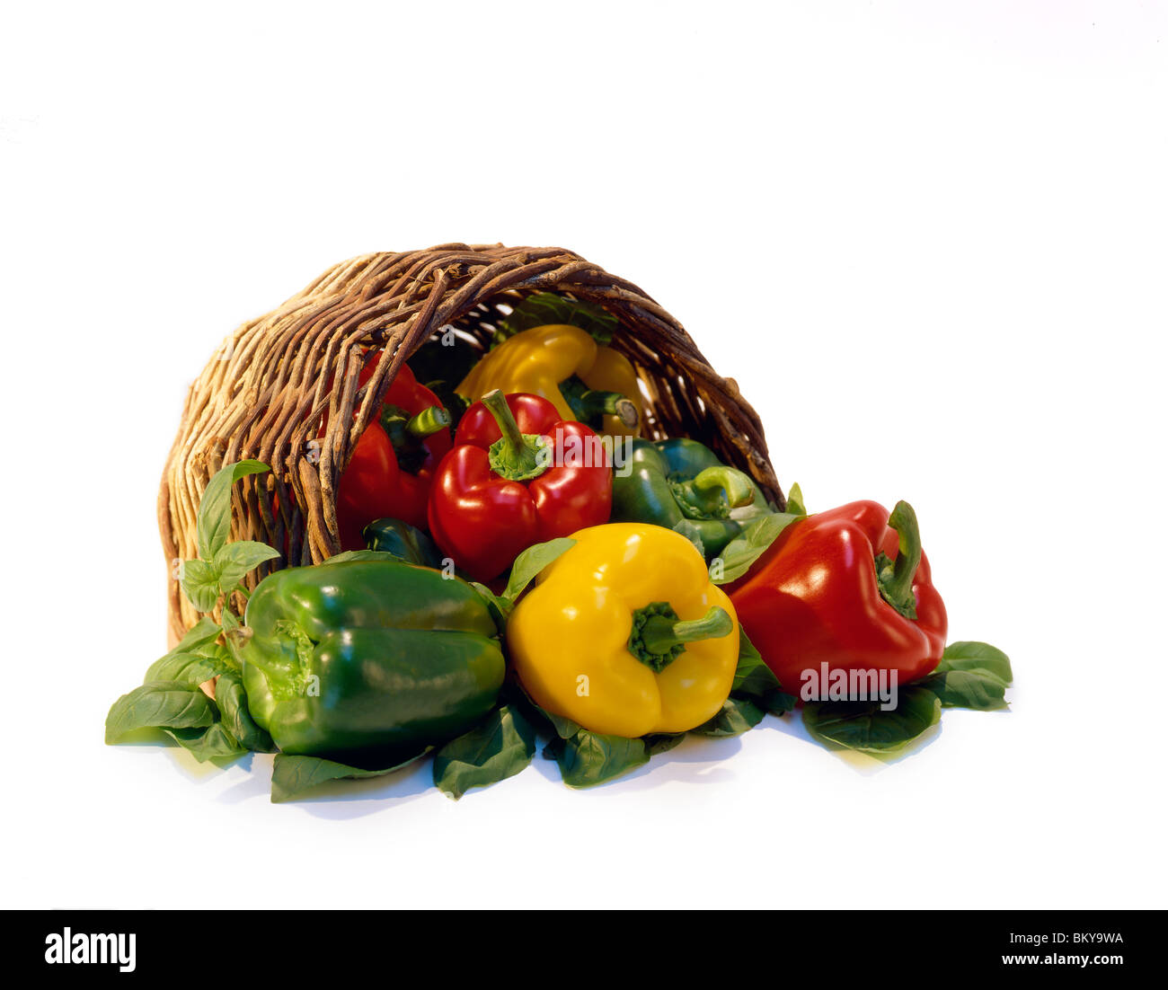 Peperoni e le foglie di basilico Foto Stock