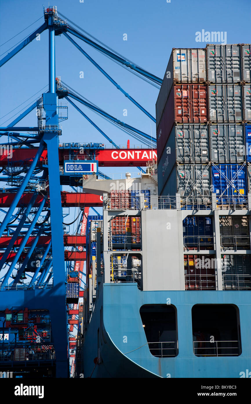 Nave da carico al contenitore gantry crane, porto di Amburgo, Germania Foto Stock