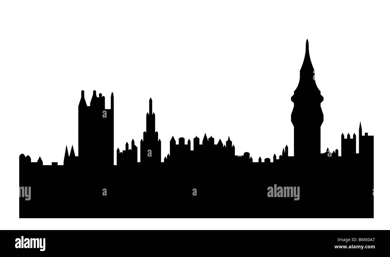Silhouette nera di Case del Parlamento o Palazzo di Westminster, Londra, Inghilterra. Isolato su sfondo bianco. Foto Stock