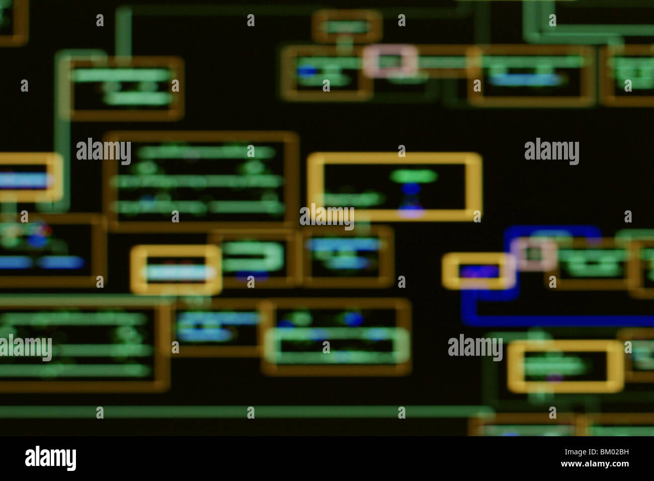 Concetto di immagine - vista offuscata della potenza degli schemi di rete sul computer display SCADA. Foto Stock