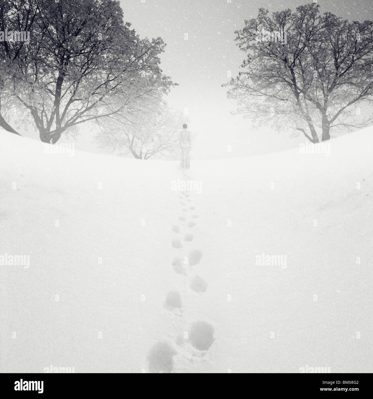 Una solitaria figura maschile in piedi nella neve nella distanza rivolta lontano dalla telecamera in prossimità di alberi Foto Stock
