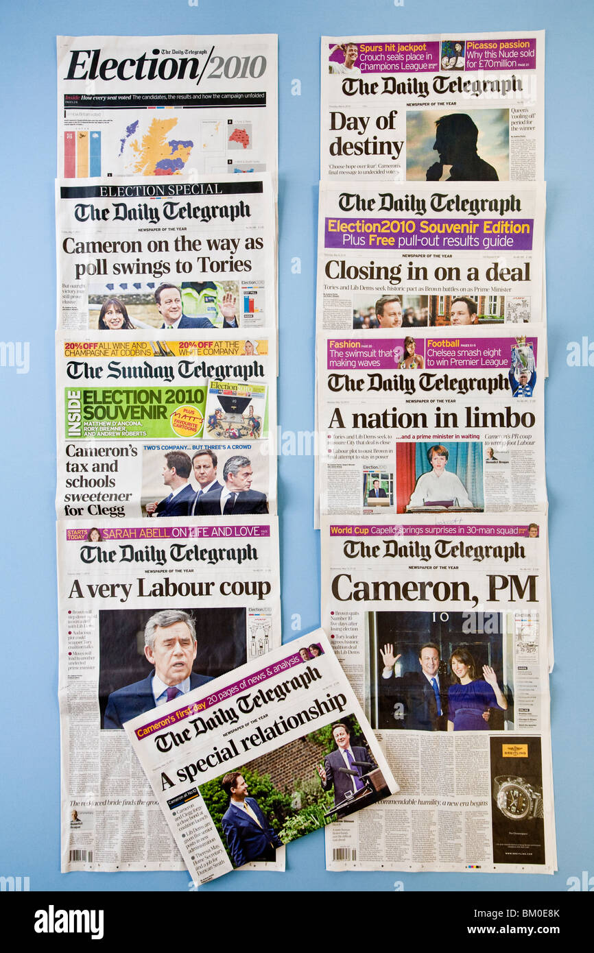Daily Telegraph pagine anteriori dal giorno di polling, 6 maggio 2010 e la settimana seguente documentazione di formazione della Con-LD coalizione Foto Stock